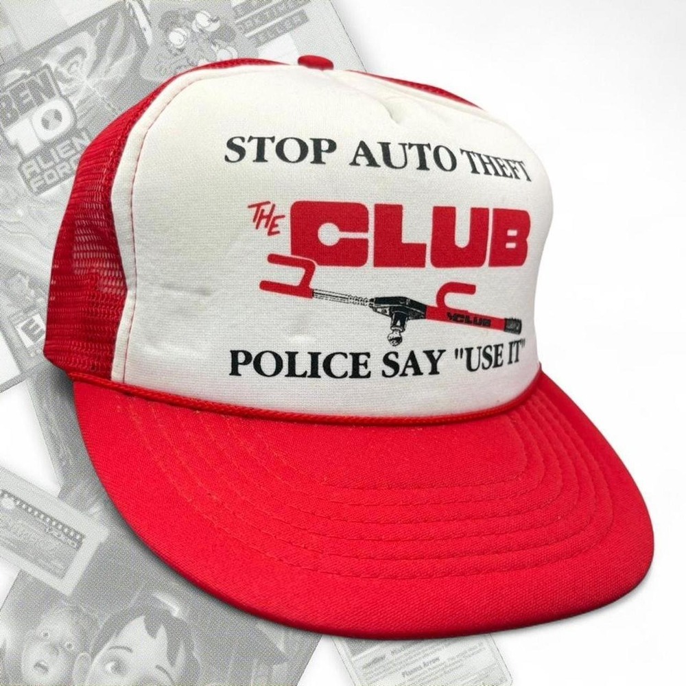 Vintage 90’s Red “The Club” Anti Auto Theft Graphic Snapback Trucker Hat